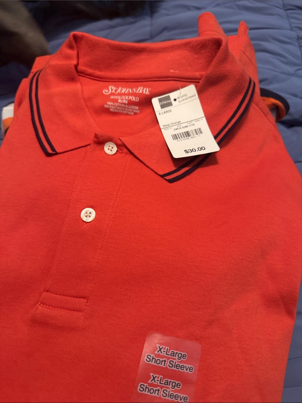 St. John's Bay Men's Coral-Red Polo with Navy Trim